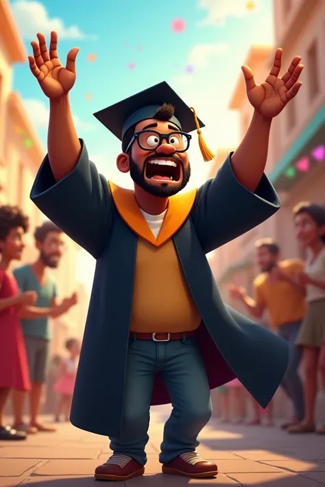  Animated man image, wearing graduation gown , glasses, thick build, short stature, dark skin