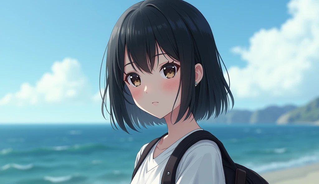 

A REALISTIC IMAGE OF a 16-year-old girl of Japanese origin, . black and shiny hair , with bangs. Her eyes are deep and expressive. Haruka usually wears simple, elegant clothes. SHE IS WITH A BACKPACK ON THE COAST IN A SCHOOL ENVIRONMENT