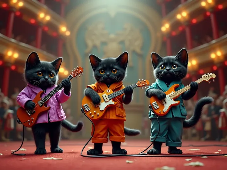 Odd Eye Black Cat Munchkin Kitten Band
3 vocal 、guitar、 synthesizers
Vocals are at the center
Each one wears a costume of a different color
The background is a music hall