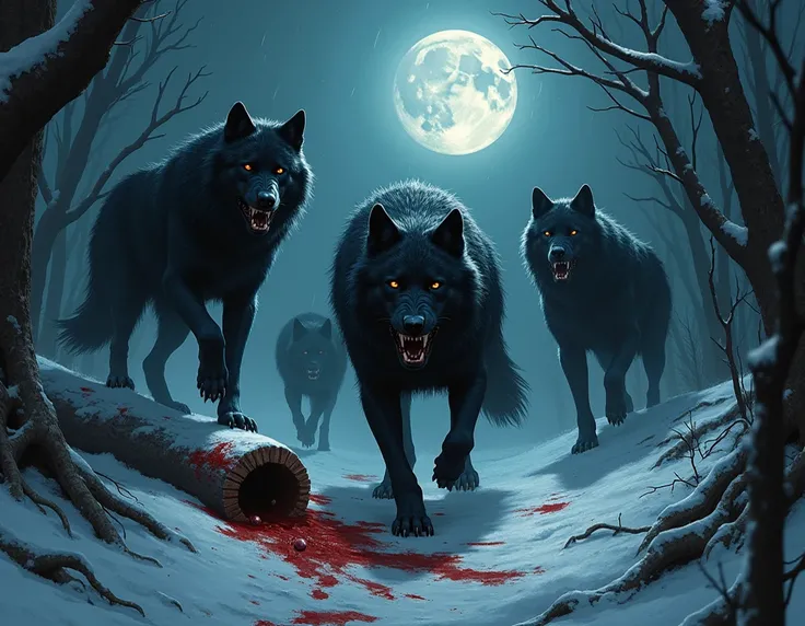  Several sinister black and large wolves in a snowy and dark forest in different positions (Above a trunk ,  walking towards the camera etc. ). Moon lighting with elaborate and present shadows , as if it were the vision of someone in a nightmare .  Make th...