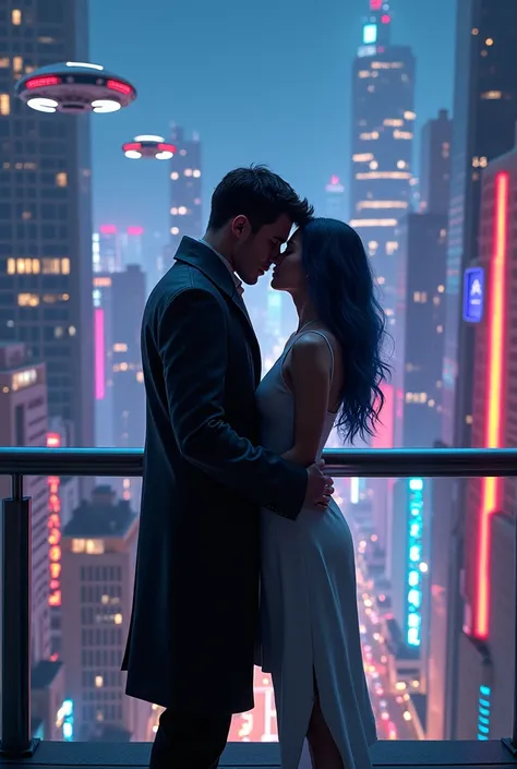  A couple kissing on a balcony at the top of a building,woman ((( dark blue hair  )))And black-haired man.((Man in leather overcoat )) ((Woman Dress))
Futuristic city scenarios  ,(((flying cars)))
 realistic image 