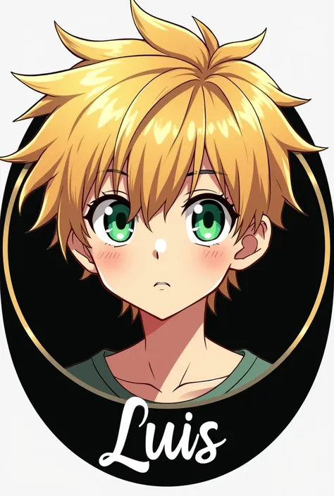 Create me a logo of an anime boy with blond hair with the color of green eyes with a shiny black background of a round shape and written underneath the word Luis in cursive letters