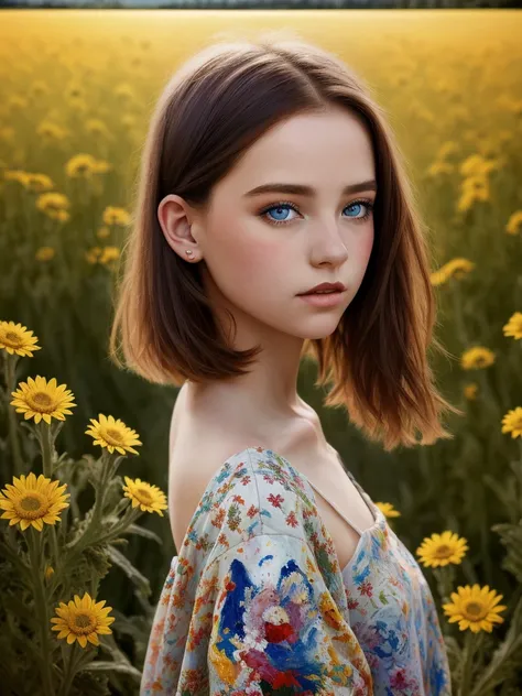 [front shoulder portrait] [colorful deep, nature] 1teen dreamy girl with big eyes and short red hair, chicory field ((Guillaume-Seignac style)), (( oil painting )), A very colorful , highest detail, ((masterpiece)), ((Single shot)), impression, perspective...