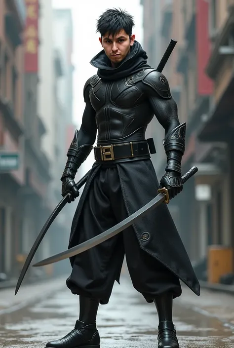 "Full-body image of a short, agile warrior with a lean yet muscular build, resembling the physique of Bruce Lee. He wears a tight, semi-futuristic ninja suit made from a new carbon-steel material, designed to enhance both flexibility and strength. The suit...