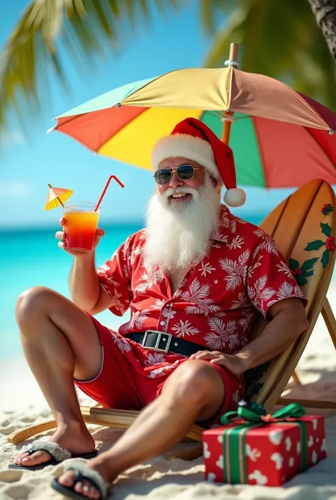  A relaxed Santa Claus enjoying summer on the beach .  He wears a red Hawaiian t-shirt with white details , shorts and sandals .  He has retro-style sunglasses and his traditional Christmas hat ,  but adapted with a lighter design .  He sits under a colorf...