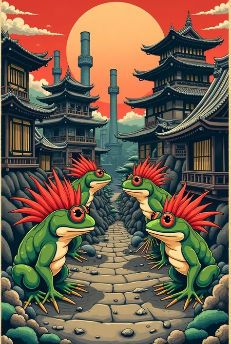  A Japanese castle mixed with a factory - industrial influence, Chimneys ,  Water drains . Before a yokai fighting frogs ,  the frogs are said to have a mohawk hairstyle 

Everything described above should represent traditional tattoo style. 