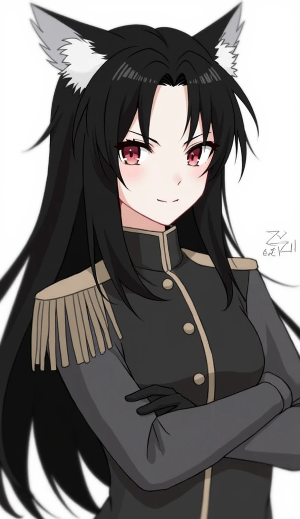 

 Visual description based on the image :  He wears a military-style jacket similar to the one in the picture,  with buttons and details on the sleeves .  He wears black gloves and has long hair ,  black with white tufts .  His expression is serious when ...