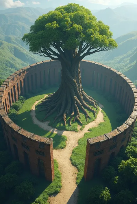 a giant circular continent surrounded by walls and in the center a colossal tree