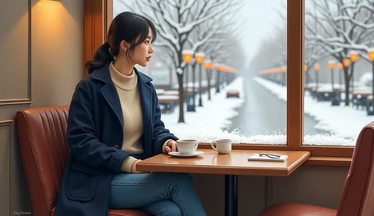 카페에서 가수황우림이 시청자를  정면에서 바라보고 있는 scene,

(Singer Hwang Woo-rim is sitting with her back to the window .),  is wearing a navy blue coat on a creamy neck polar sweater ,  and jeans are worn as bottoms . ( plump chest)、 Average body type、Beautiful hips, . ,  Wh...