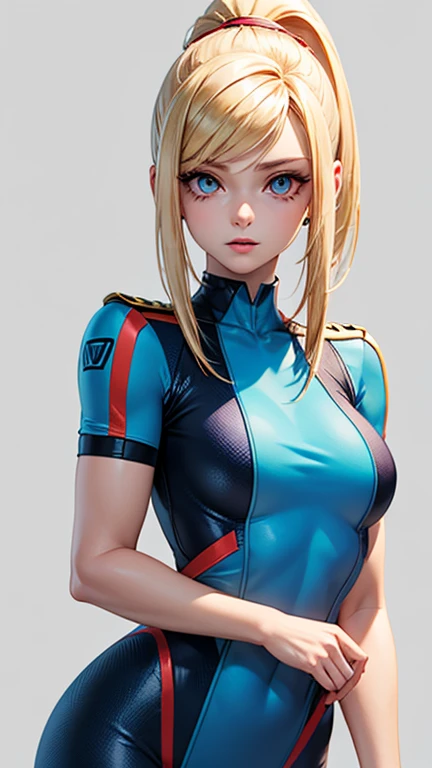  Female character Samus Aran, blue eyes, Albino skin,  blond hair, classic blue uniform .