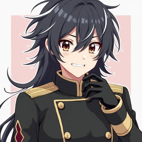 
 From the anime Tokyo Revengers. He wears a military-style jacket similar to the one in the picture,  with buttons and details on the sleeves .  He wears black gloves and has long hair ,  black with white tufts .  His expression is serious when in combat ...