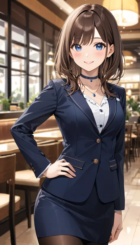 masterpiece, Best Quality, medium breasts, Beautiful Details, Fine texture, Fine skin, Very cute girl, Alone, Happy smile, blush, Deep Blue Eyes , Brown Hair, shortcuts, Right-parted bangs, business suit,buttoned jacket, pencil skirt, pantyhose,blouse , ...