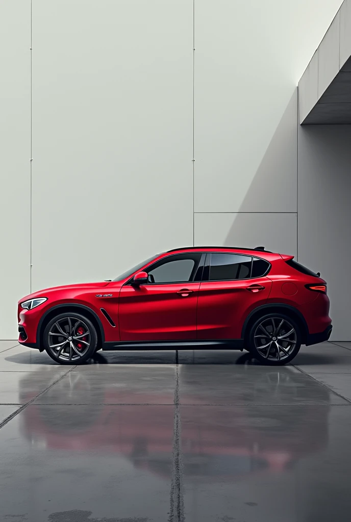 Red Alfa romeo stelvio with anthracite rims, side view