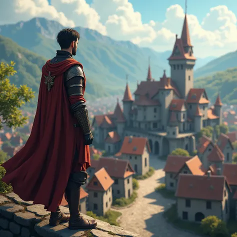 anime man (high detailed) with medieval clothes looking to a (medieval village undercostruction), man on his back, the man is looking at town while standing on top of a tower, ((the village is under construction, with structures with construction halfway, ...