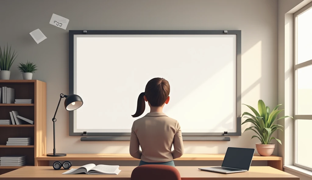  An elegant and minimalist virtual classroom with tones neutral and soft. in the center,  a digital whiteboard showing the title of the course : " Evaluation and Feedback in Virtual Education ".  The background has shelves with books ,  a modern desk lamp ...