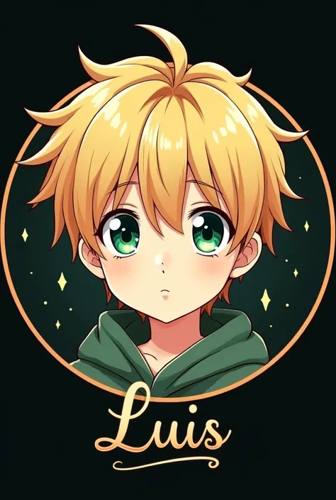 Create a round-shaped logo of an anime boy with blond hair and green eyes with a shiny black background and written underneath Luis in cursive style