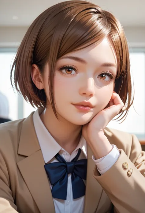 1girl, 1boy, Nobara Kugisaka, brown eyes, brown hair, short hair, school uniform, brown lip gloss, close up, sitting, solo, animetoreal
