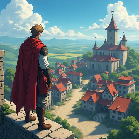 anime man (high detailed) with medieval clothes looking to a (medieval village undercostruction), man on his back, the man is looking at town while standing on top of a tower, ((the village is under construction, with structures with construction halfway, ...