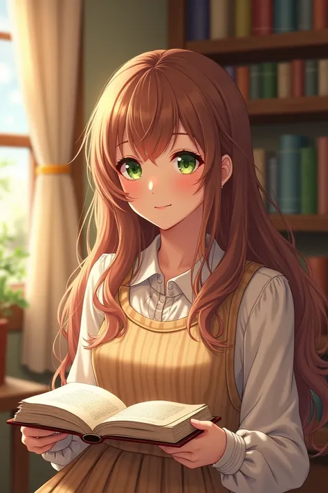 A girl in a very pretty house with date hair and green eyes in cheesy classic clothes who is meant to read books and enjoy her seconds 