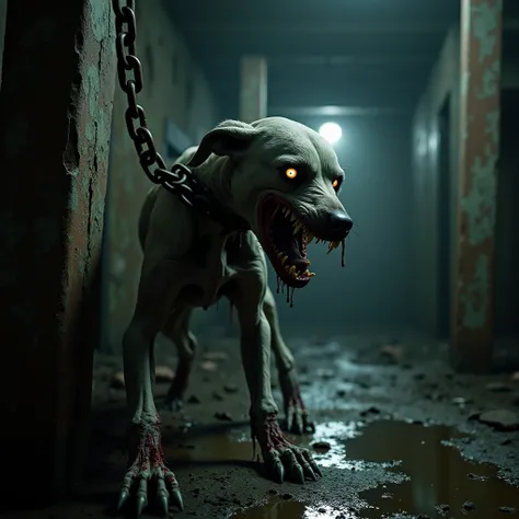 Create a hyper-realistic, chilling depiction of a zombie dog chained to a rusted metal post in an intensely dark and shadowy environment. The dog’s decayed, skeletal frame is barely visible in the oppressive darkness, illuminated only by faint, flickering ...