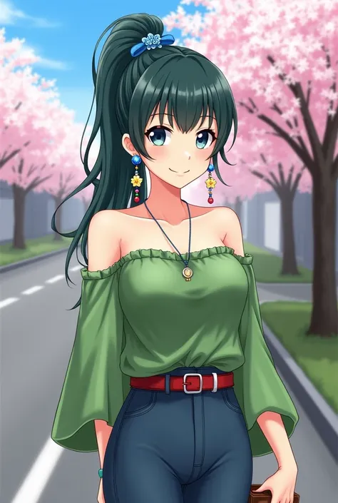 The image shows a young woman with characteristics that might resemble Maomao from *The Apothecary Diaries*, but with a more modernized appearance. Heres the description:

- **Hair**: Dark green, styled in a modern way, tied in a high ponytail with a decor...