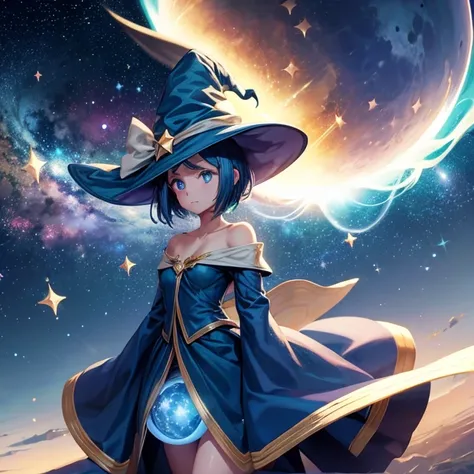  best quality,  high definition ,  1 girl, Elf,  Witch Hat ,   Nebula Floating in Space , Energy sphere, Particles of light,  shiny hair, Shining Star々,  fantasy,