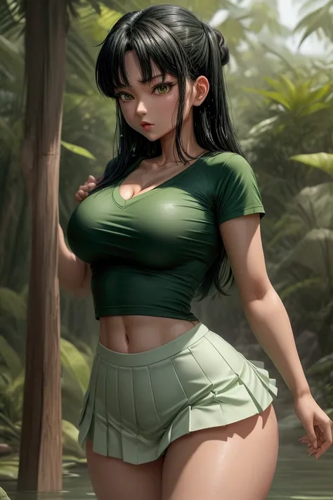 Kagome Higurashi athletic body slim waist big breasts big buttocks tiny green short skirt t-shirt v-neck wet adventurous green white long black hair 