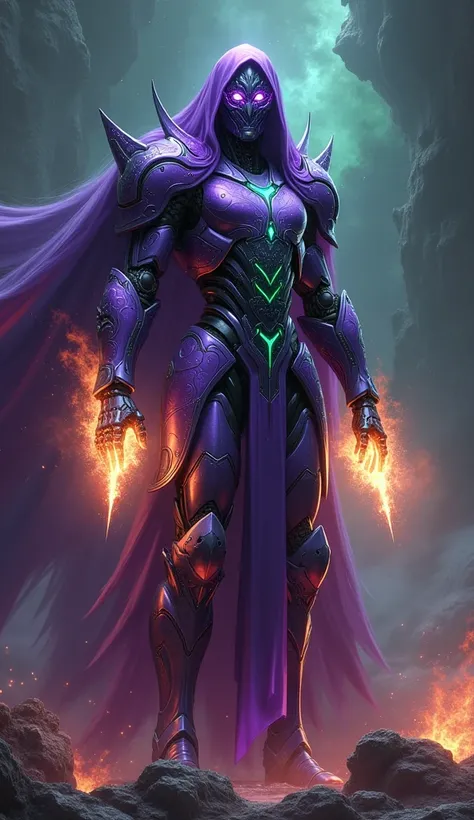 Purple space knight, super cool space knight, wearing purple mechanical armor, red fire surrounding, magical spells, burning green flames in his hands, proficient spells, magic formation pattern, full body photo, perfect body proportions, tall figure, with...