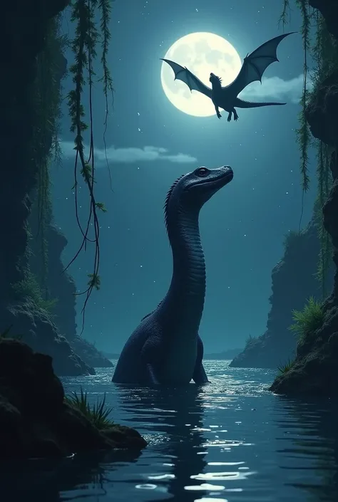 I would like a picture of a plesiosaurus that, surrounded by creepers below the water surface, snout of the water , In which the moon and stars reflect and snout the snout of a flying dragon floating through the night sky.
