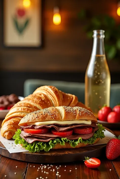 Naturally fermented baguette sandwich with sesame on top filled with : sirloin cup , Brie cheese , lettuce, tomato and olive cream .  A 500ml plastic pet bottle of sparkling water .  A well filled croissant with ganache and strawberry slices on a beautiful...