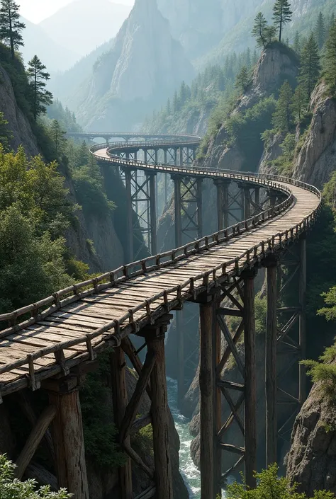 Wooden trestle bridges, similar in style, connect