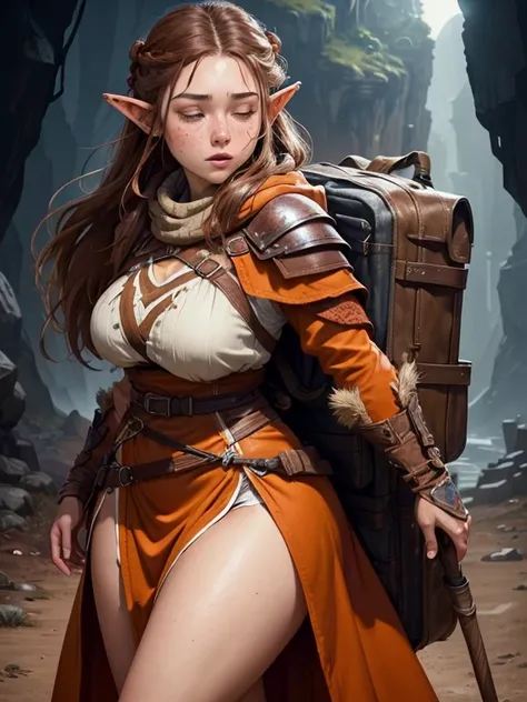 ((Best quality))) (((HD))) (((8K))) (Character) 20-year-old woman, ((Adventurous)), (eyes closed),  ((freckles)), elf, ((Beautiful)) and ((cheerfulness)) , ((lite Brown hair)) and ((very Long hair:1.2)). voluptuous and chunky design, Brown hair body ((larg...