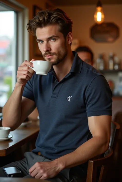 Attractive tall and athletic man light brown hair polo sweater sweater tight dress pants blue eyes at a coffee shop in Westfield NJ 