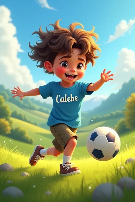 Create a little haired boy playing ball with the t-shirt written Calebe on the field
