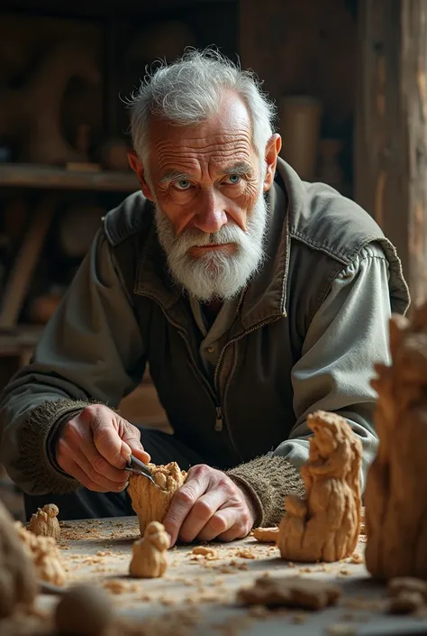 Un vieux hommes avec des ride sur le visage et des yeux bleu, sculpte le bois dans sont ateliers dans une cabane simple 