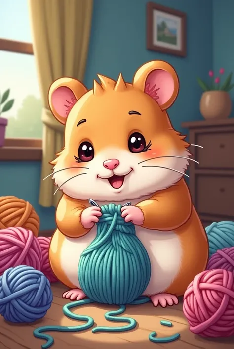 Cartoon of a hamster that looks like an emoji
 crocheting


