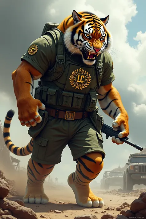 Ferocious tiger as an armed soldier with the LOC logo