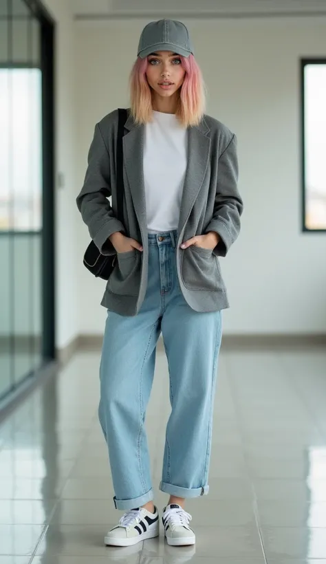 Beautiful (((Latina))) girl named Luna, full body shot, (((full body))), middle length pink-yellow-green gradient hair, bob cut hairstyle, 20 years old, (((cute face))), light tanned, wearing a gray blazer paired with a matching gray denim cap, white t-shi...