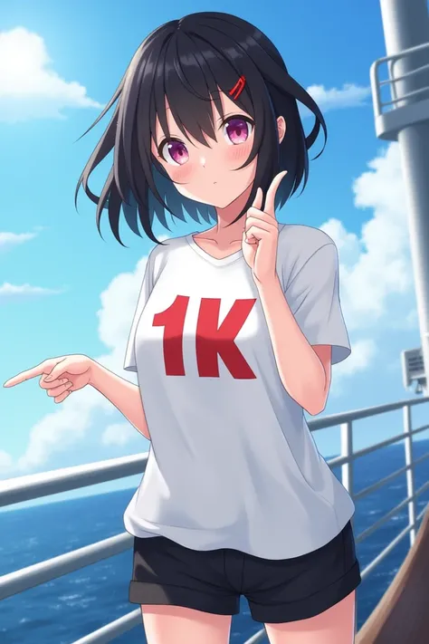 1girl, solo, cute anime style, ("1k" logo on white t-shirt:1.5), black shorts, pointing logo, standing on ship, sea, vibrant colours, short black hairs, pink eyes, hairpin, hairclip, (absurdres, masterpiece, very aesthetic, best quality:1.2), (intricate de...