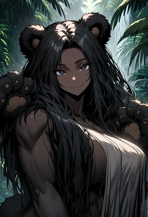 solo, 1girl, bear girl, bear ears, bear tail, black hair, dark skin, huge woman, broad shoulders, medium shot, slightly bulky body, broad shoulders, muscular, black eyes, nude, hair over breasts, fantasy, huge breasts, close up, looking at viewer, jungle, ...