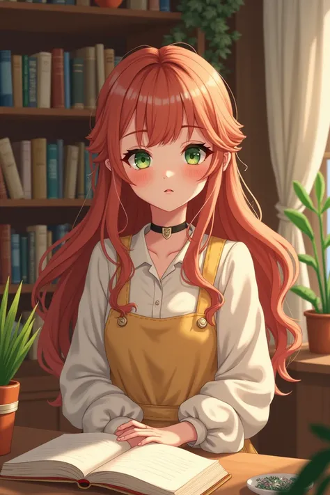 A girl in a very pretty house with date hair and green eyes in cheesy classic clothes who is meant to read books and enjoy her seconds 