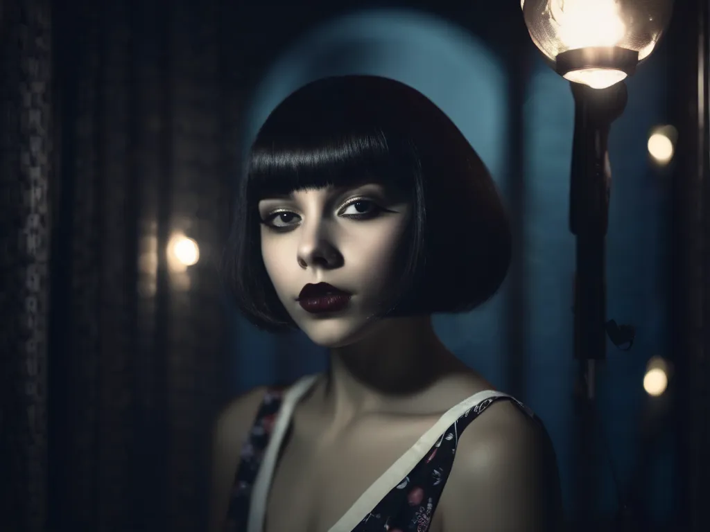 beautiful girl with bob haiircut floating through the dark night. creepy, sinister