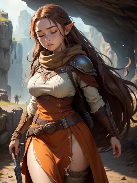 ((Best quality))) (((HD))) (((8K))) (Character) 20-year-old woman, ((Adventurous)), (eyes closed),  ((freckles)), dwarf, long pointy ears, ((Beautiful)) and ((cheerfulness)) , ((lite Brown hair)) and ((very Long hair:1.2)). voluptuous and chunky design, Br...