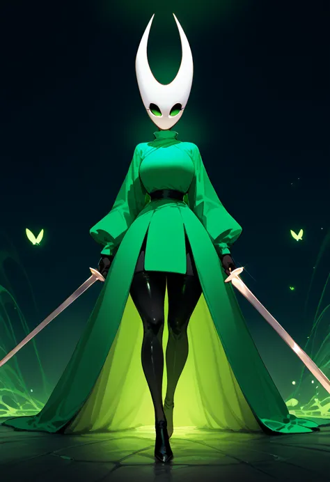 hollow knight pornoqueen full body hair green eyes glowing green clothes