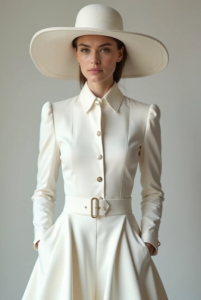 arafed image of a woman in a costume blanc and hat, fille en costume, fille en costume, costume blanc and hat, mannequin élégant, costume élégant, jeune femme sophistiquée, costume luxueux, Elena Belova, costume blanc, wearing costume blanc, style de julia...