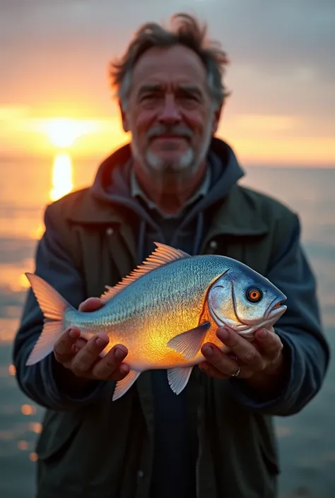 A man in his 40s, with a tired but hopeful expression, stands at the edge of the water, holding a strange, glowing fish in his hands. The fish has shimmering, iridescent scales that reflect the fading light of the sunset. Its large, luminous eyes seem to h...