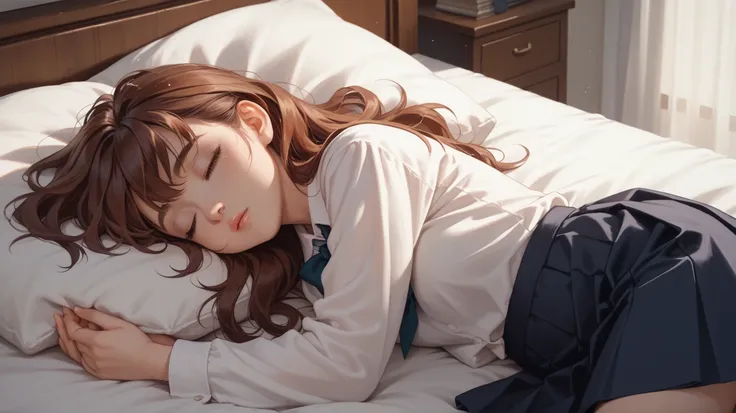 A 17-year-old girl with a cute appearance, brown eyes, white skin, long reddish brown hair, thin eyebrows, wearing a white shirt, navy school skirt, sleeping in bed at night, 90s