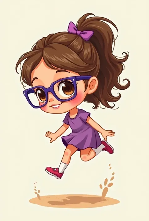 Illustration d’une petite fille. Elle a les yeux marrons et porte de fines lunettes violettes foncees. She has long wavy brown hair styled in a ponytail.. Elle fait un caprice en se roulant par terre en pleurant.