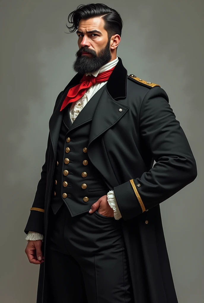 ((best quality)), ((masterpiece)), (detailed), (masterpiece, best quality:1.2), highly, detailed, highres, solo focus, one person, white skin, black hair, elegant hairstyle, Long Strubble Beard style, black gabardine, black suit, red tie, black skirt, look...