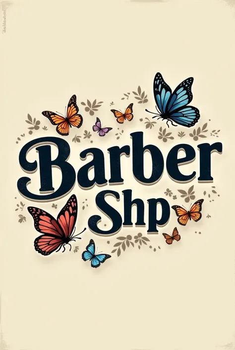  Logo that says the words as they are written: BARBER ShP SALON . 
with butterflies
 